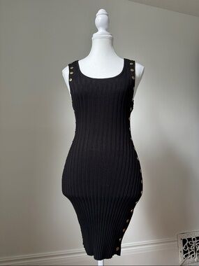 REVAMPED Black Knit Ribbed Bodycon Button Detail Party Midi Dress Size Small